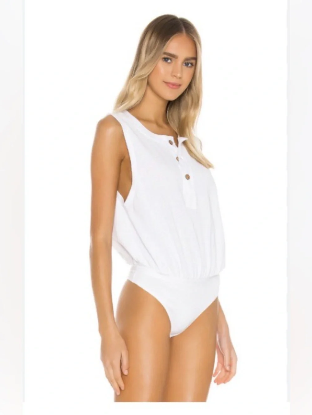 Free People Peek Aye Bodysuit White Buttons Sleeveless Cotton L NWT - Picture 3 of 7